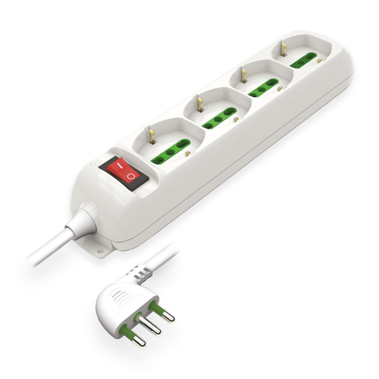 Immagine di MULTIPRESA 4 POSTI SCHUKO + INTERRUTTORE BIANCA C/CAVO 3 MT